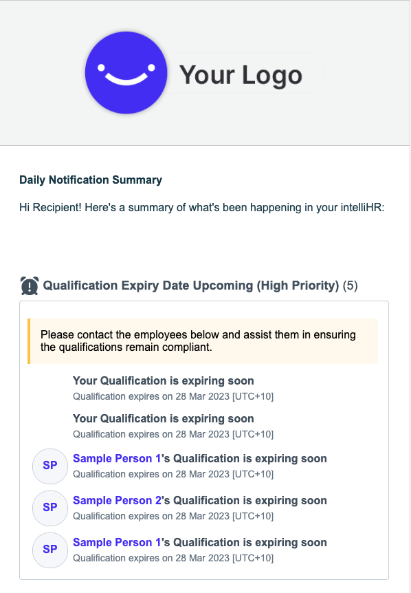 Event Notifications Qualifications intelliHR Support Portal